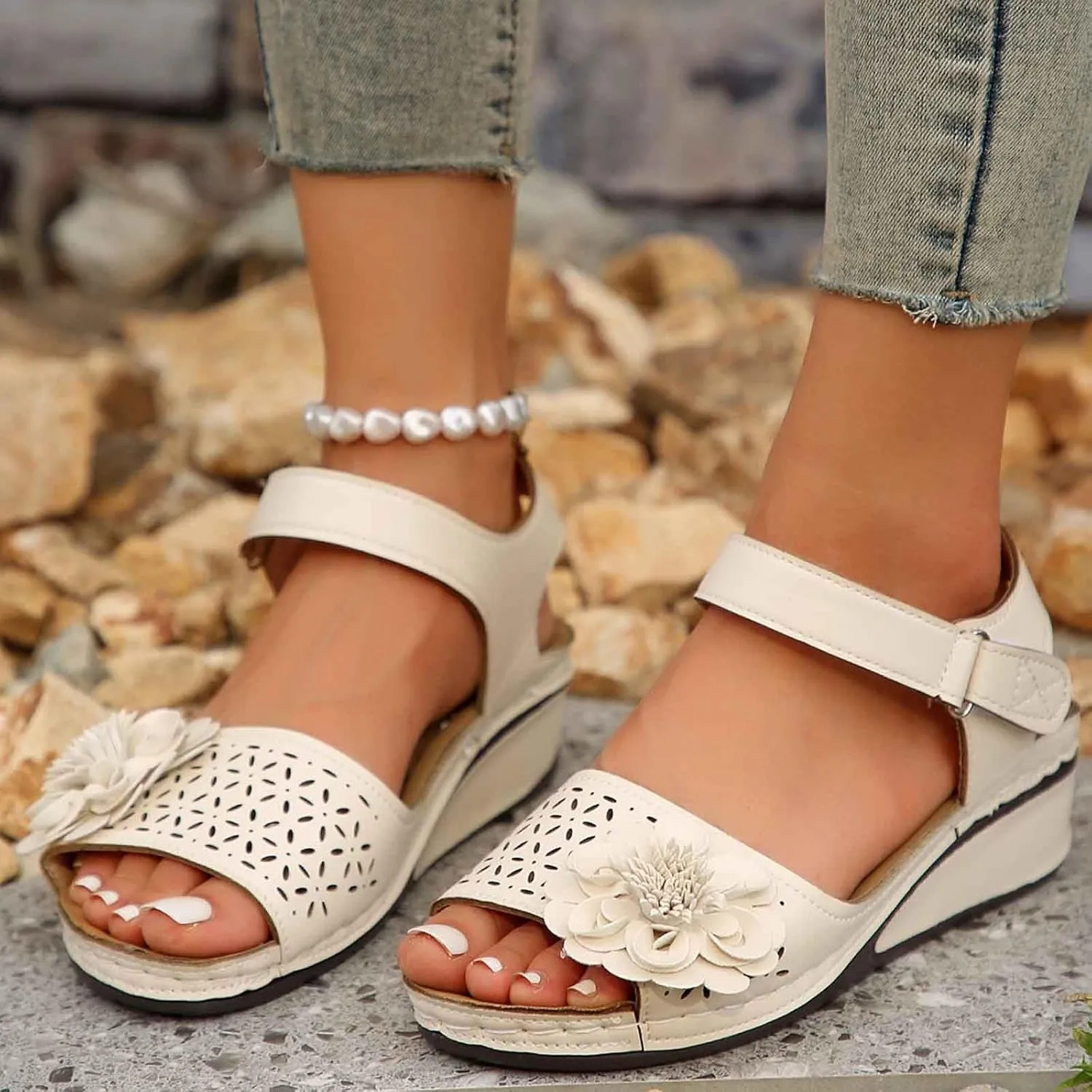 Stylish Women's Sandals for Daily Casual Wear Open Toe Cut Out Design Wedge Heel Hook and Loop Closure Ideal for Summer Outfits