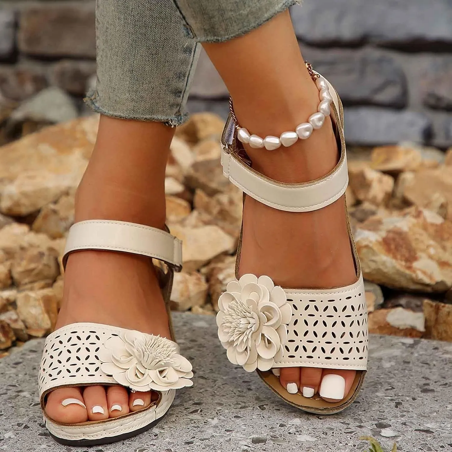 Stylish Women's Sandals for Daily Casual Wear Open Toe Cut Out Design Wedge Heel Hook and Loop Closure Ideal for Summer Outfits