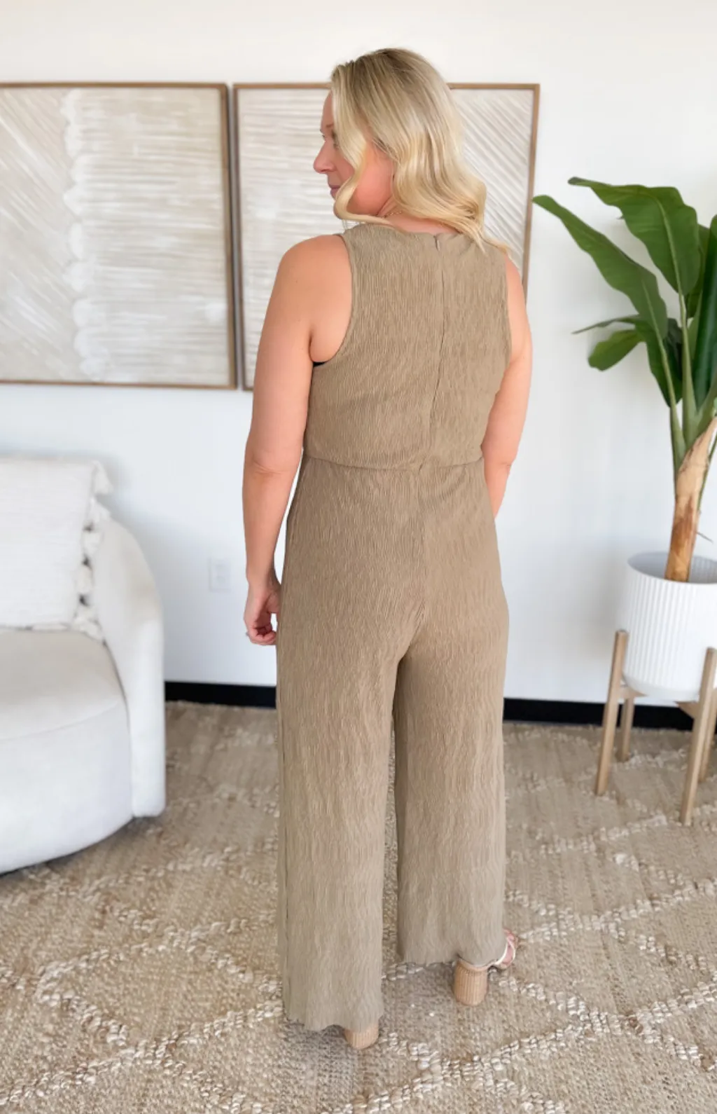 Tan Front Twist Crinkle Jumpsuit