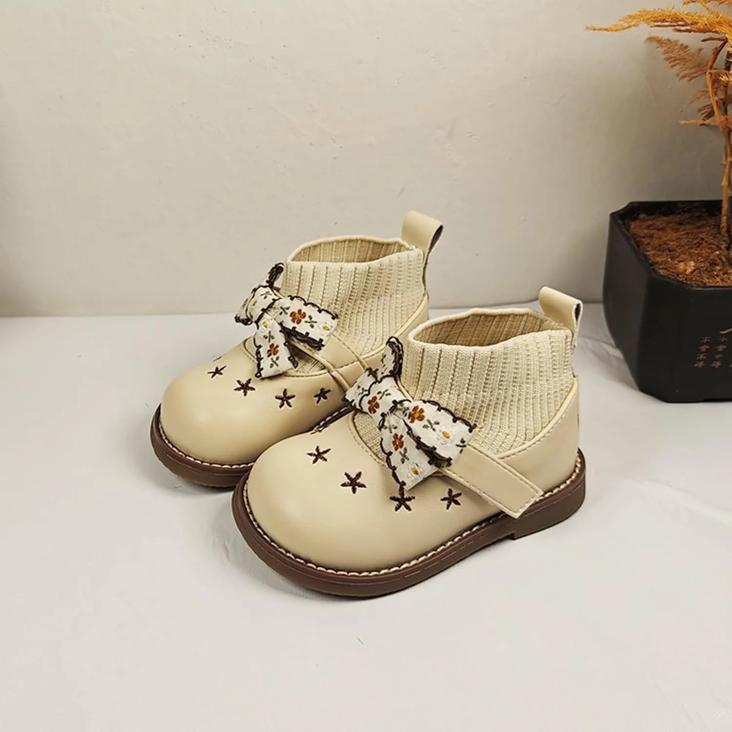 Toddler Cute Bow Booties Soft Sole Leather Sock Shoes Baby Boys Girls Open Toe Non Slip Boots Light Breathable Shoes