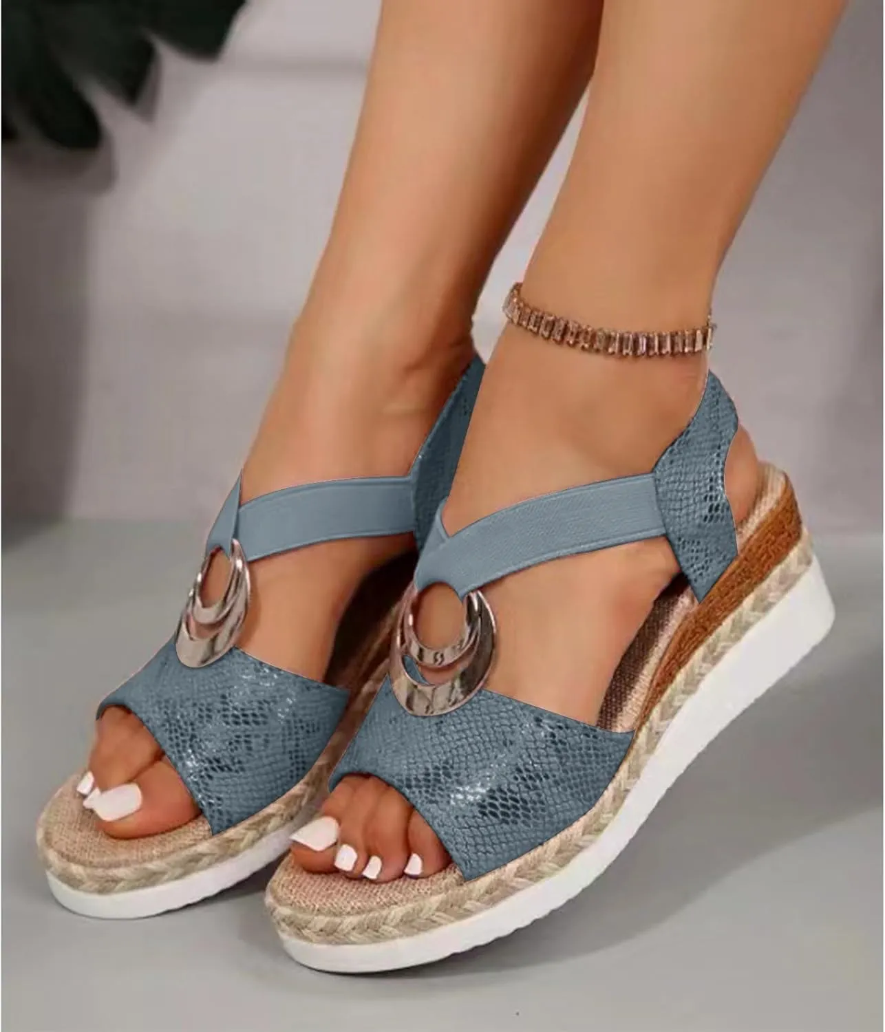 Wedge Sandals for Women 2025 Summer Open Toe Platform Wedges, Fashion Metal Decoration Cross Ankle Strap Sandals Comfortable Beach Platform Walking Shoes