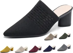 Women Knit Closed Pointed Toe Chunky Heel Mules Mesh Breathable Low Block Heel Pump Sandals Comfortable Slip On Dress Party Slides