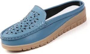 Women's Casual Hollow Out Wedge Backless Mule Sandals,Comfort Breathable Genuine Leather Nurse Loafers,Outdoor Non-Slip Slip-On Slides Mom Walking Driving Shoes
