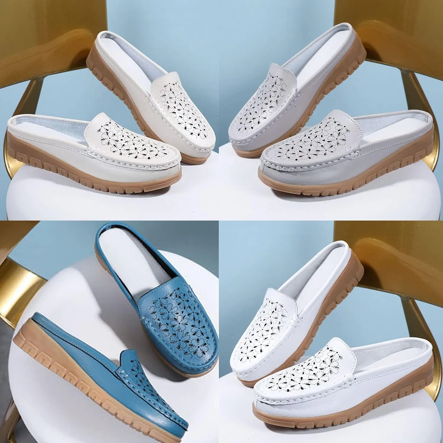Women's Casual Hollow Out Wedge Backless Mule Sandals,Comfort Breathable Genuine Leather Nurse Loafers,Outdoor Non-Slip Slip-On Slides Mom Walking Driving Shoes