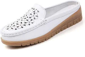 Women's Casual Hollow Out Wedge Backless Mule Sandals,Comfort Breathable Genuine Leather Nurse Loafers,Outdoor Non-Slip Slip-On Slides Mom Walking Driving Shoes