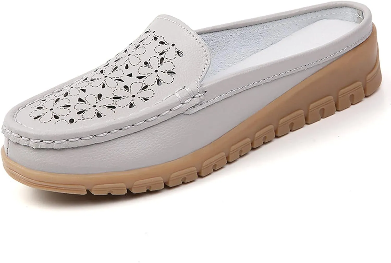 Women's Casual Hollow Out Wedge Backless Mule Sandals,Comfort Breathable Genuine Leather Nurse Loafers,Outdoor Non-Slip Slip-On Slides Mom Walking Driving Shoes