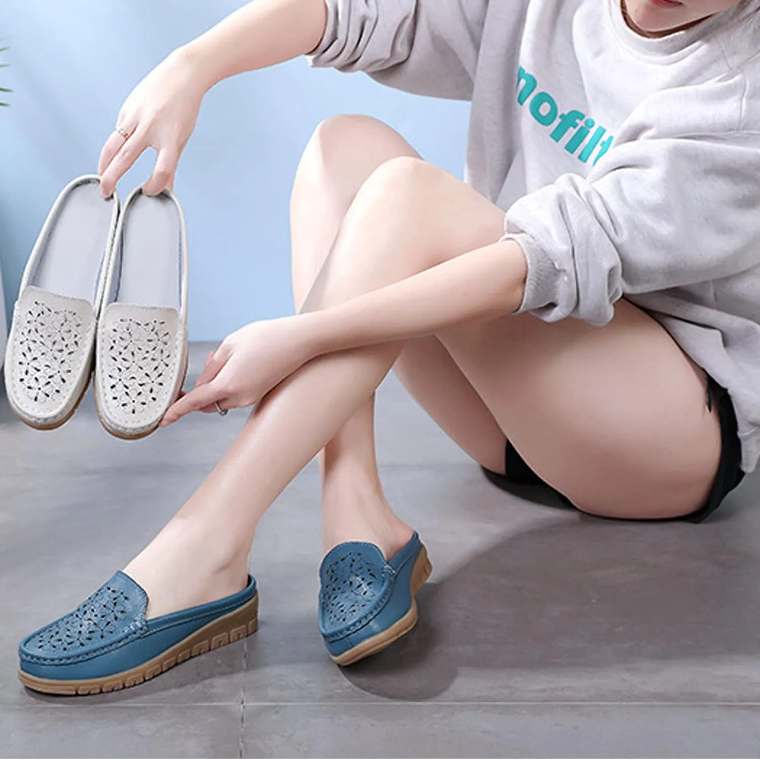 Women's Casual Hollow Out Wedge Backless Mule Sandals,Comfort Breathable Genuine Leather Nurse Loafers,Outdoor Non-Slip Slip-On Slides Mom Walking Driving Shoes