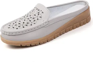 Women's Casual Hollow Out Wedge Backless Mule Sandals,Comfort Breathable Genuine Leather Nurse Loafers,Outdoor Non-Slip Slip-On Slides Mom Walking Driving Shoes