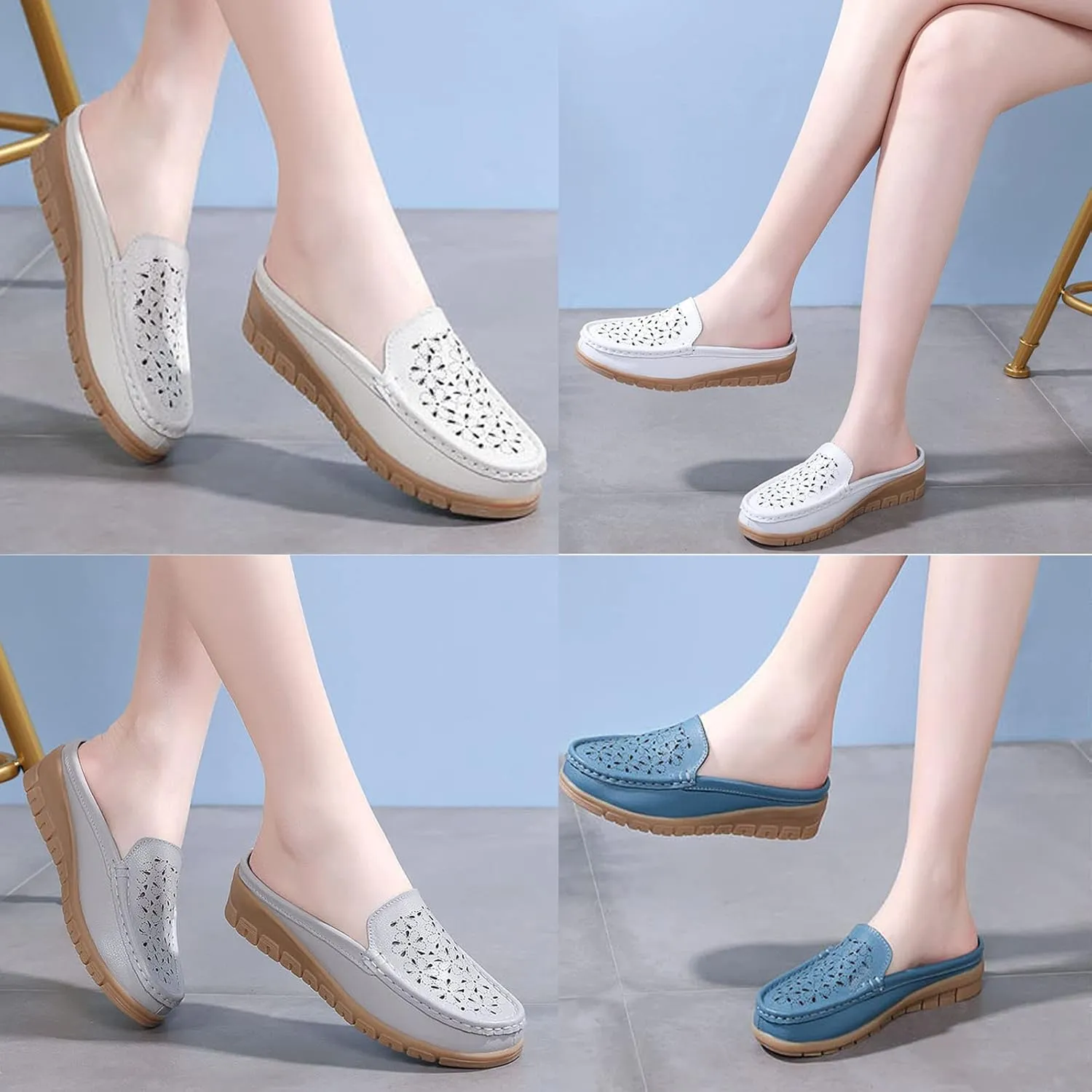 Women's Casual Hollow Out Wedge Backless Mule Sandals,Comfort Breathable Genuine Leather Nurse Loafers,Outdoor Non-Slip Slip-On Slides Mom Walking Driving Shoes