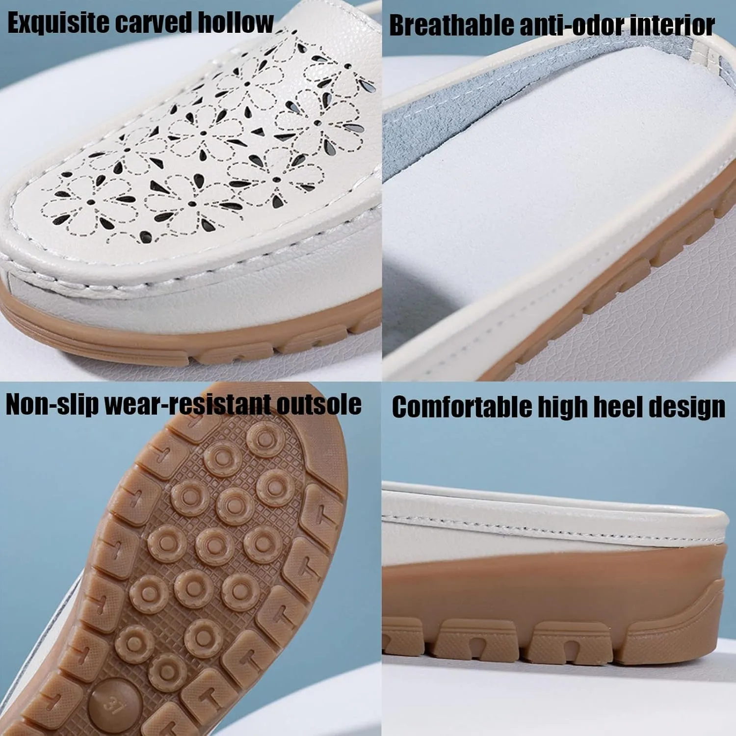 Women's Casual Hollow Out Wedge Backless Mule Sandals,Comfort Breathable Genuine Leather Nurse Loafers,Outdoor Non-Slip Slip-On Slides Mom Walking Driving Shoes
