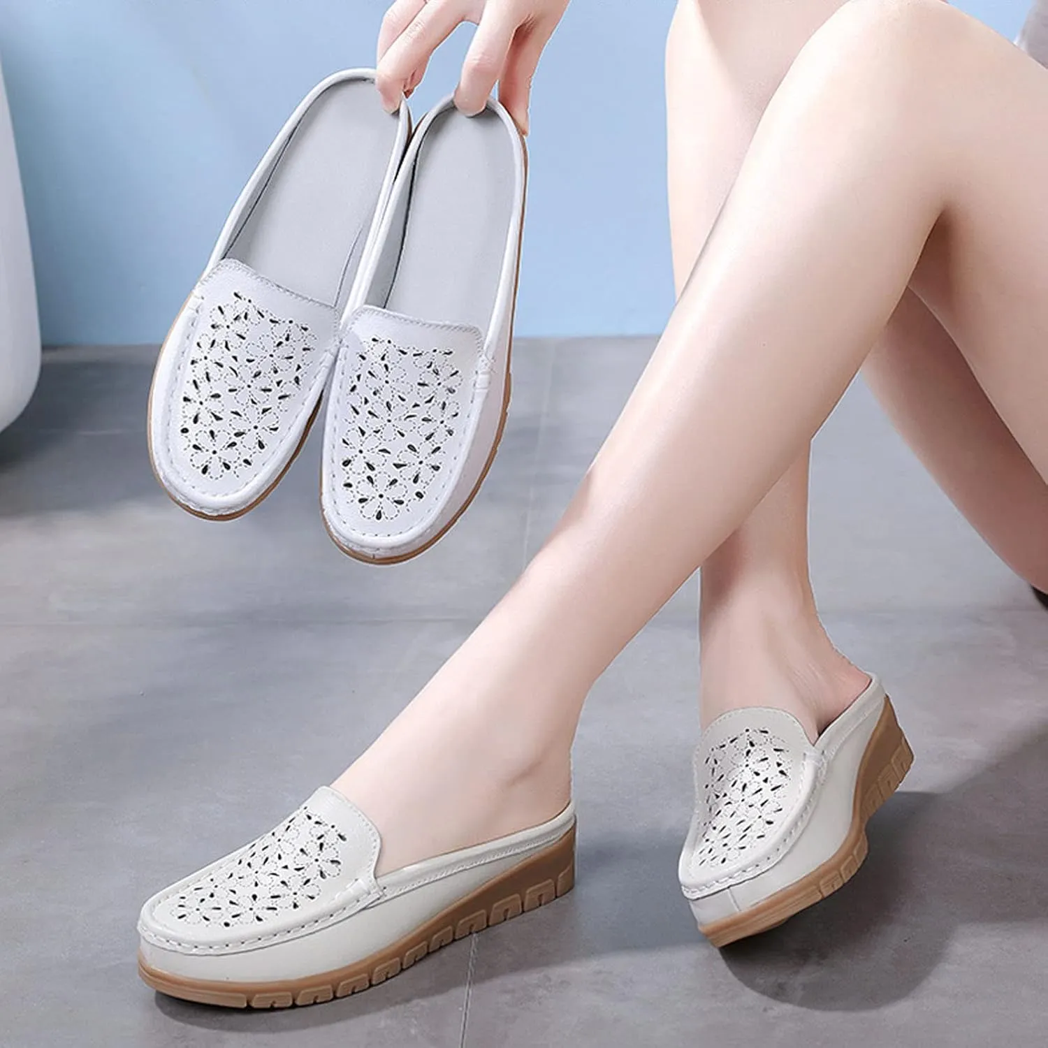 Women's Casual Hollow Out Wedge Backless Mule Sandals,Comfort Breathable Genuine Leather Nurse Loafers,Outdoor Non-Slip Slip-On Slides Mom Walking Driving Shoes