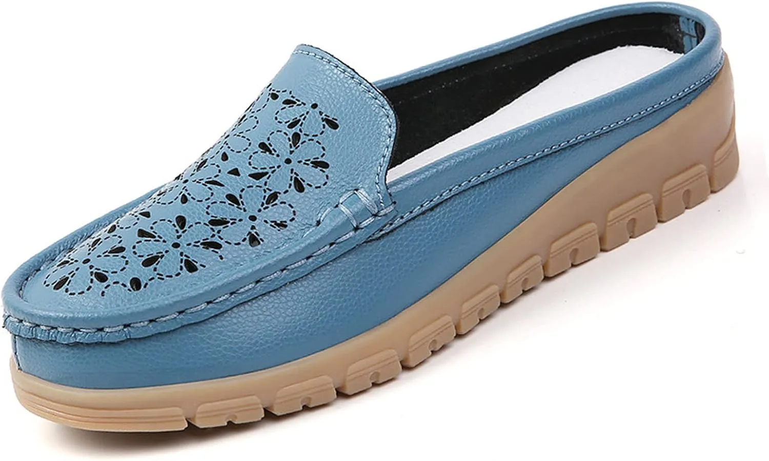 Women's Casual Hollow Out Wedge Backless Mule Sandals,Comfort Breathable Genuine Leather Nurse Loafers,Outdoor Non-Slip Slip-On Slides Mom Walking Driving Shoes