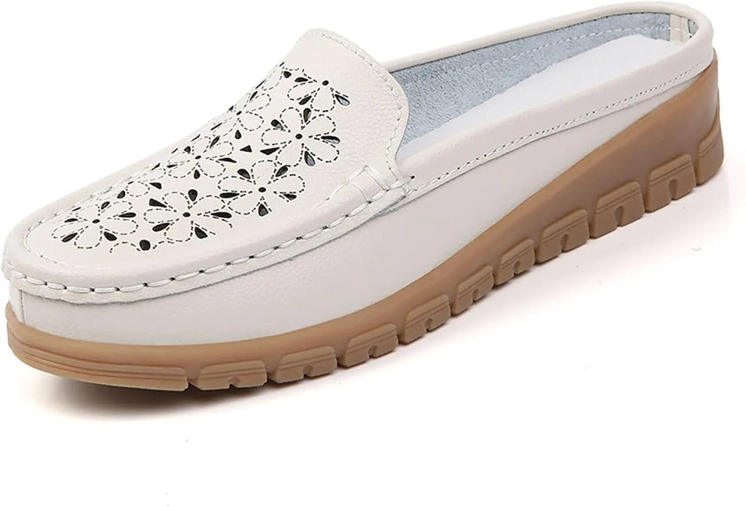 Women's Casual Hollow Out Wedge Backless Mule Sandals,Comfort Breathable Genuine Leather Nurse Loafers,Outdoor Non-Slip Slip-On Slides Mom Walking Driving Shoes