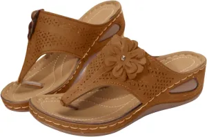 Women's Classic Leather Sandals Lightweight Flat Sandals Cute Hollow Out Flower One Stirrup Casual Walking Slippers, 4
