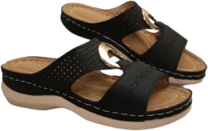Women's Classic Leather Sandals Lightweight Flat Sandals Cute Hollow Out Flower One Stirrup Casual Walking Slippers, 4
