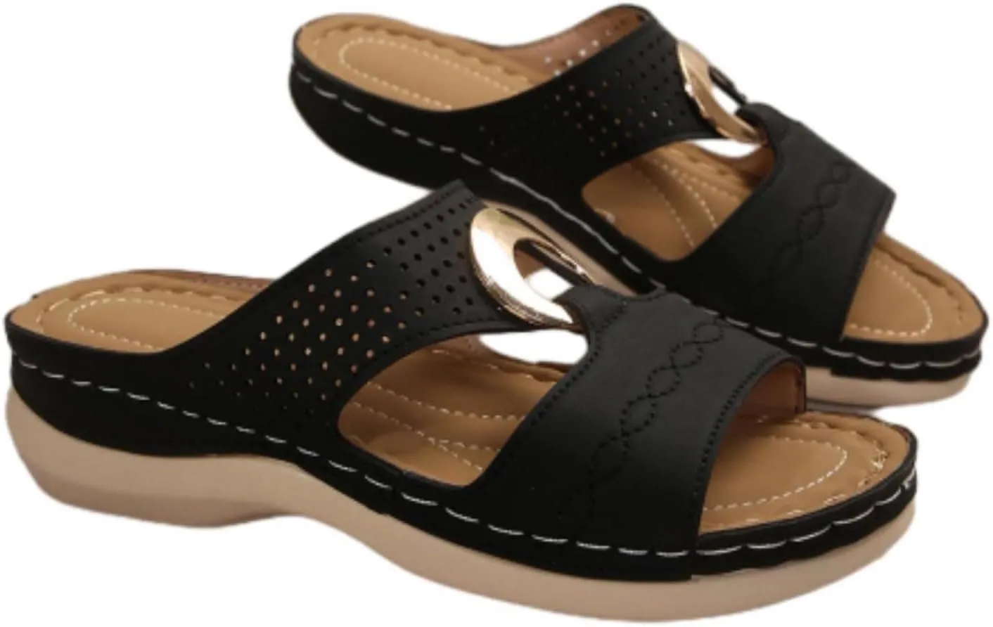 Women's Classic Leather Sandals Lightweight Flat Sandals Cute Hollow Out Flower One Stirrup Casual Walking Slippers, 4