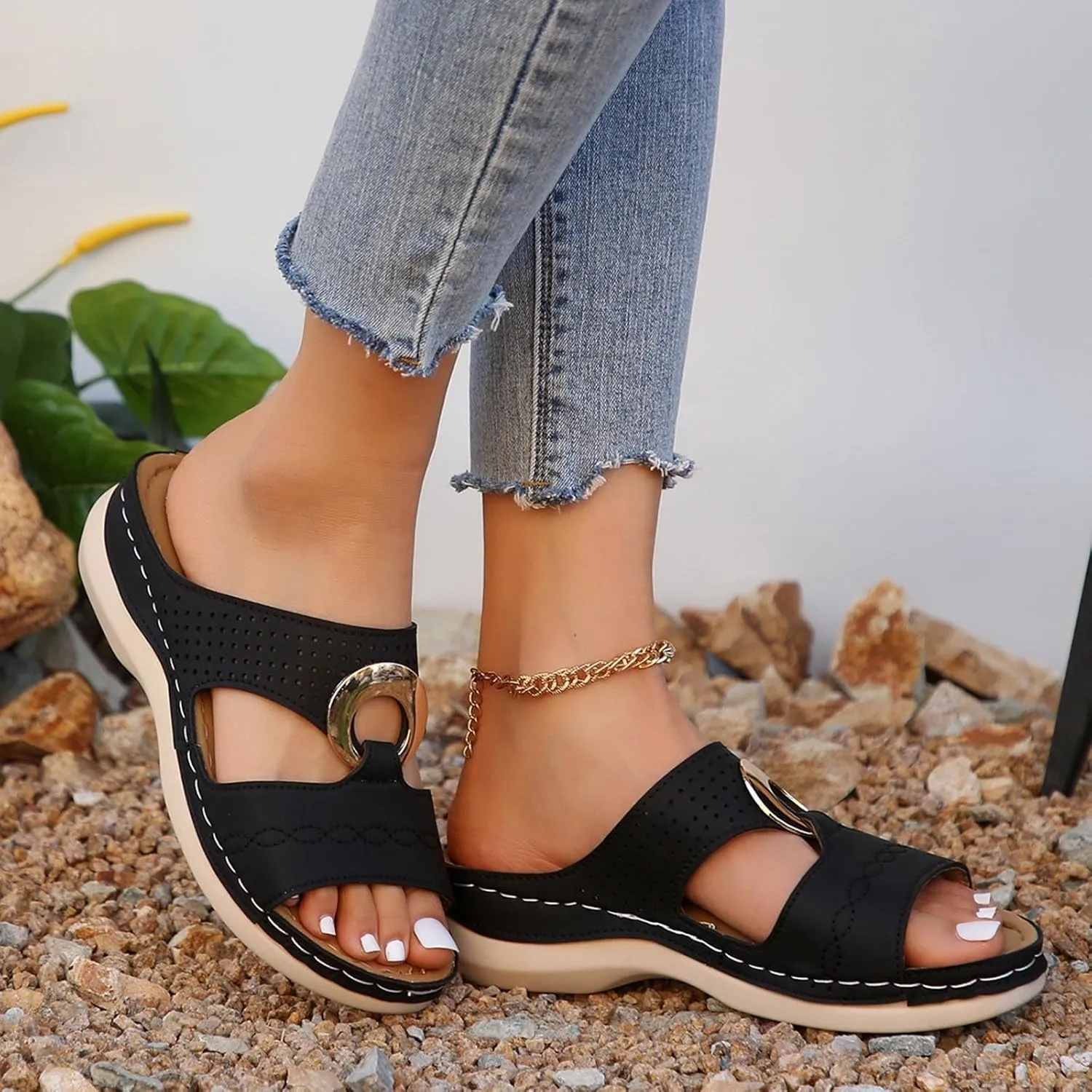 Women's Classic Leather Sandals Lightweight Flat Sandals Cute Hollow Out Flower One Stirrup Casual Walking Slippers, 4
