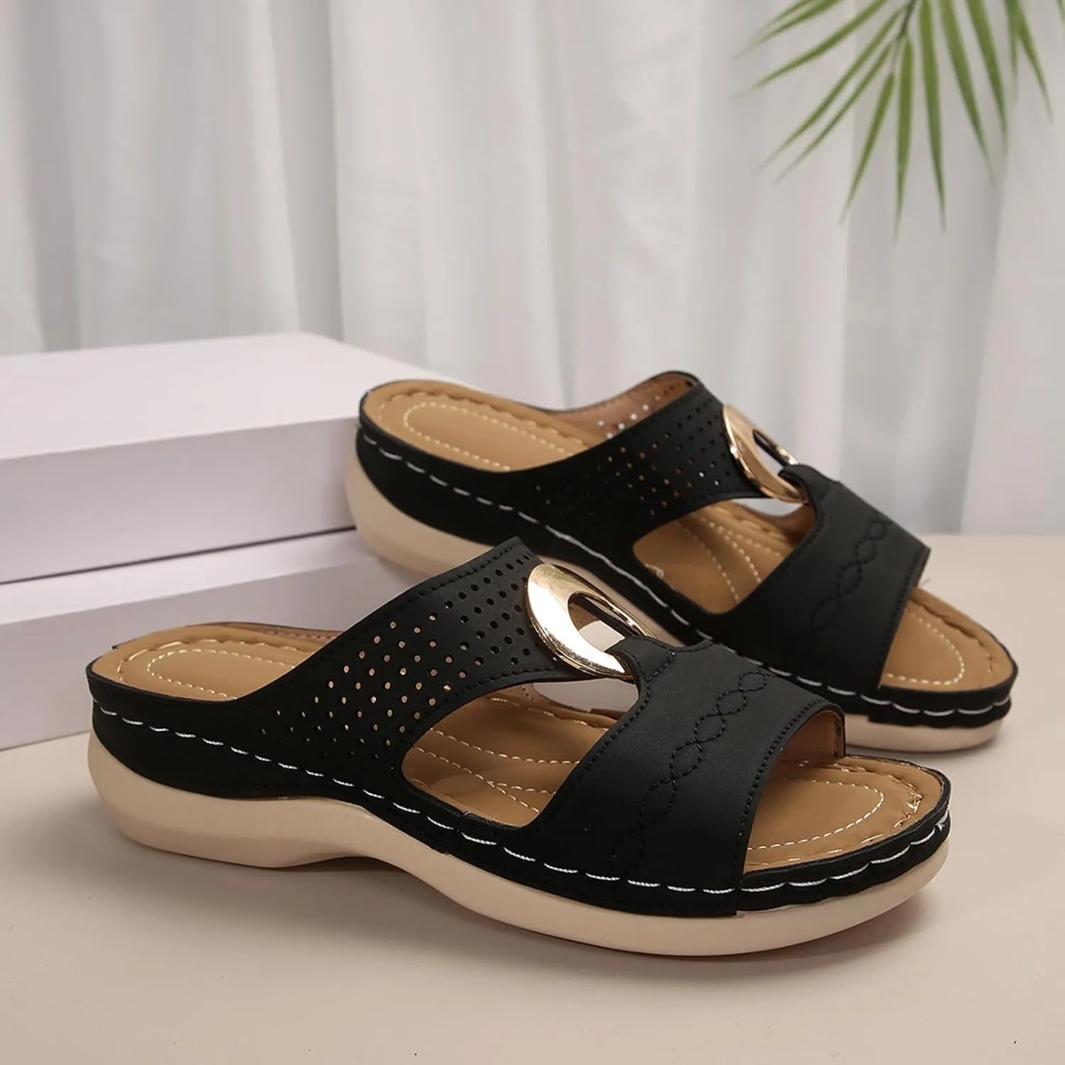 Women's Classic Leather Sandals Lightweight Flat Sandals Cute Hollow Out Flower One Stirrup Casual Walking Slippers, 4