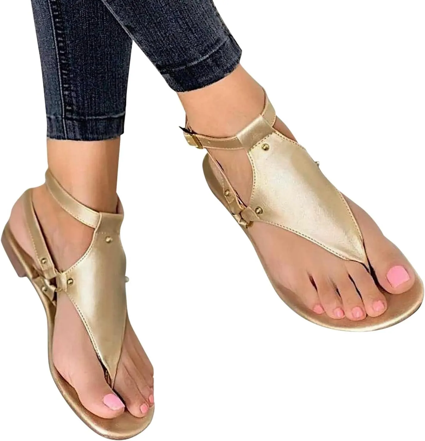 Womens Dressy Thong Sandals Low Heel Open Toe Flat Buckle Ankle Strap Comfortable Shoes Beach Walking Gladiator Roman Sandals Breathable Casual Soft Shoes