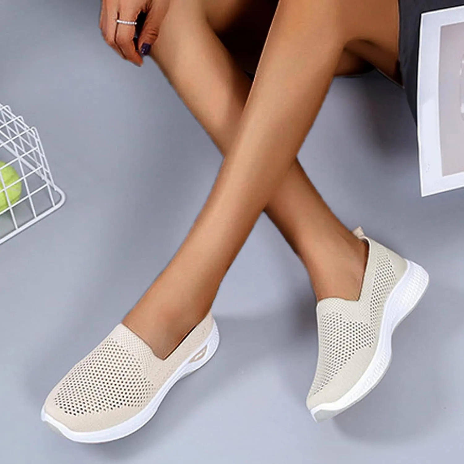Womens Flat Slip On Sneakers Casual Walking Shoes Lightweight Canvas Comfortable Elastic Non Slip Loafers