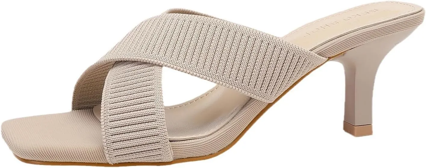 Women's Knitted Crossover Strap Stiletto High Heels Sandals Fashion Square Open Toe Slip On High Heel Mules Sandals Summer Party Dance Dress Slides