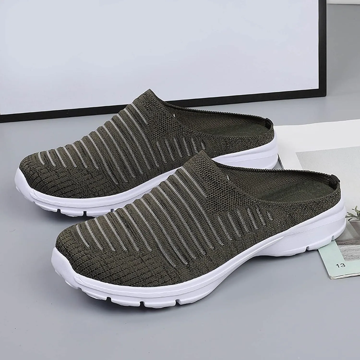 Women's Mesh Breathable Shoes Casual Flying Woven Orthopedic Sneaker Knit Slip On Walking Shoes Wide Width Dress Flat