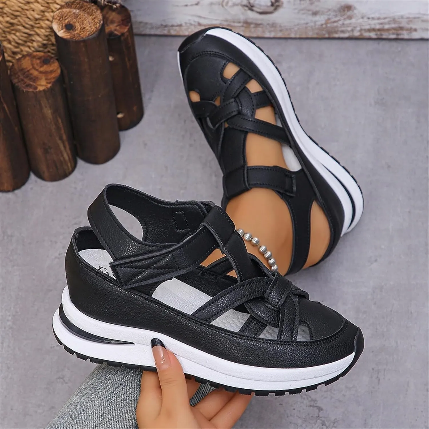 Women's Platform & Wedge Sandals Hollow Out Breathable Leather Sneakers with Arch Support, Closed Toe Ankle Strap Platform Sandals Comfortable Adjustable Buckle Slip on Walking Shoes