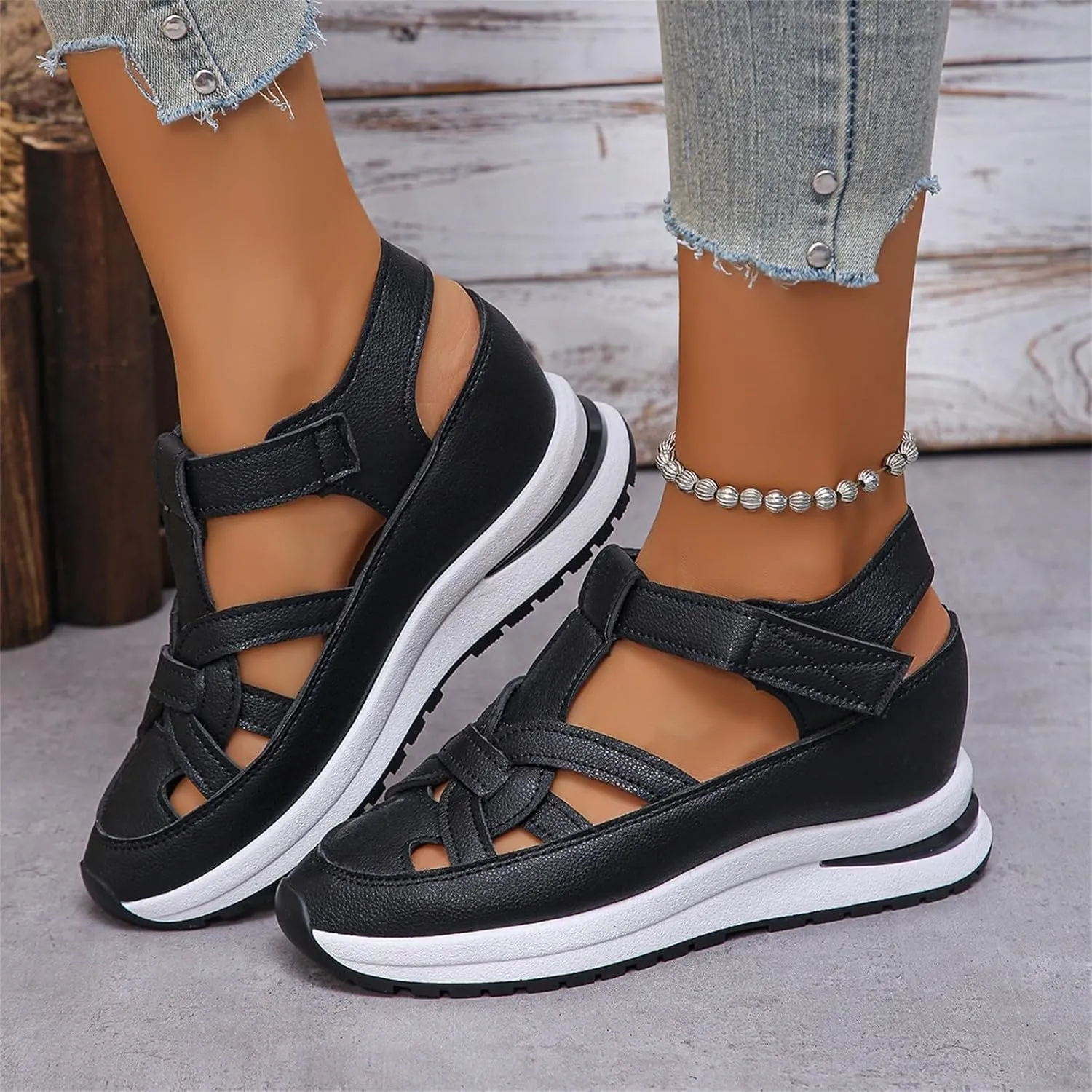 Women's Platform & Wedge Sandals Hollow Out Breathable Leather Sneakers with Arch Support, Closed Toe Ankle Strap Platform Sandals Comfortable Adjustable Buckle Slip on Walking Shoes