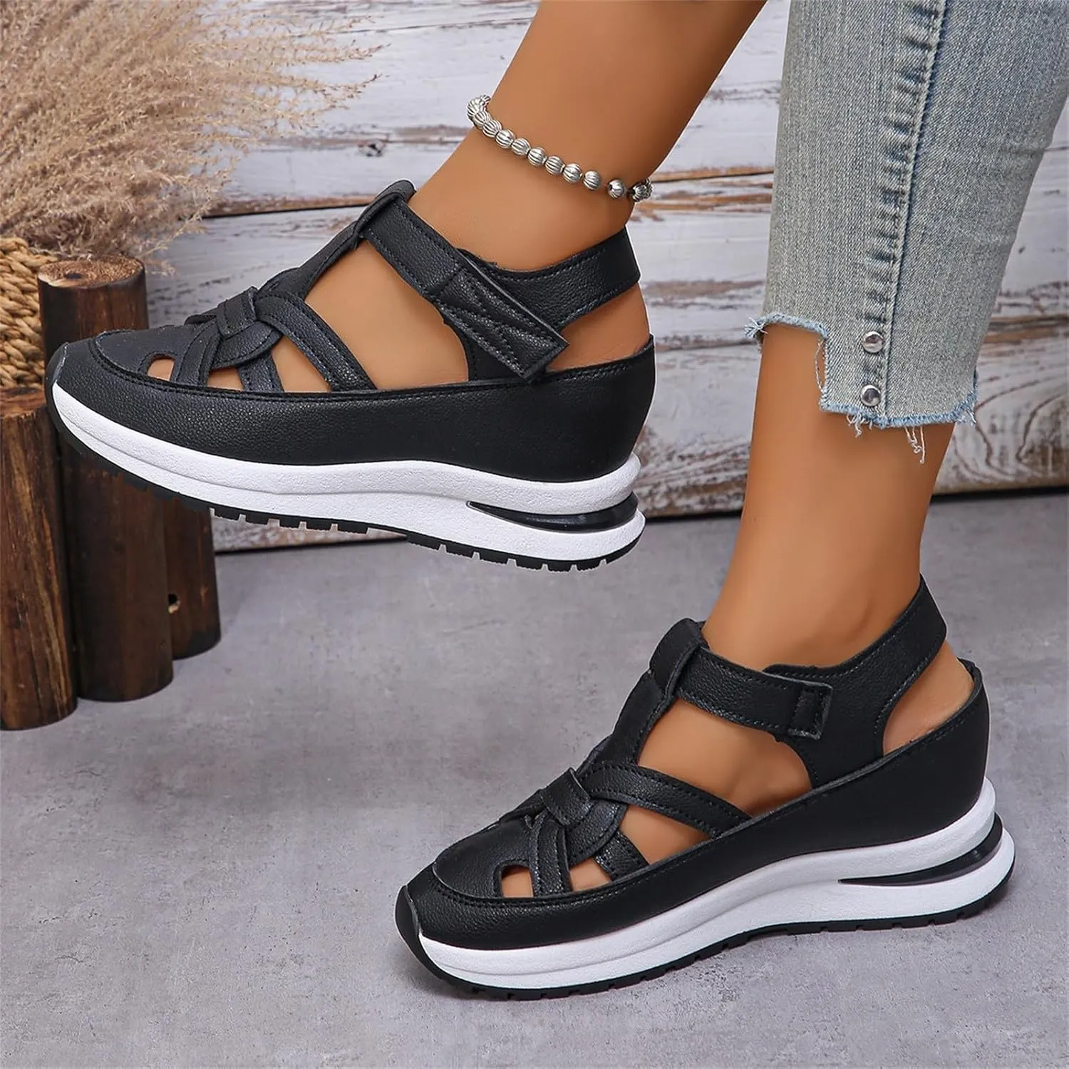 Women's Platform & Wedge Sandals Hollow Out Breathable Leather Sneakers with Arch Support, Closed Toe Ankle Strap Platform Sandals Comfortable Adjustable Buckle Slip on Walking Shoes
