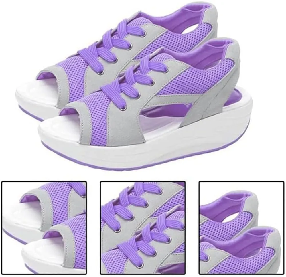 Women's Platform Wedge Sandals Comfortable Open Toe Slides Muffin Sandals Cutout Mesh Lace-Up Tennis Shoes Summer Dressy Casual Lightweight Athletic Outdoor Hiking Shoes