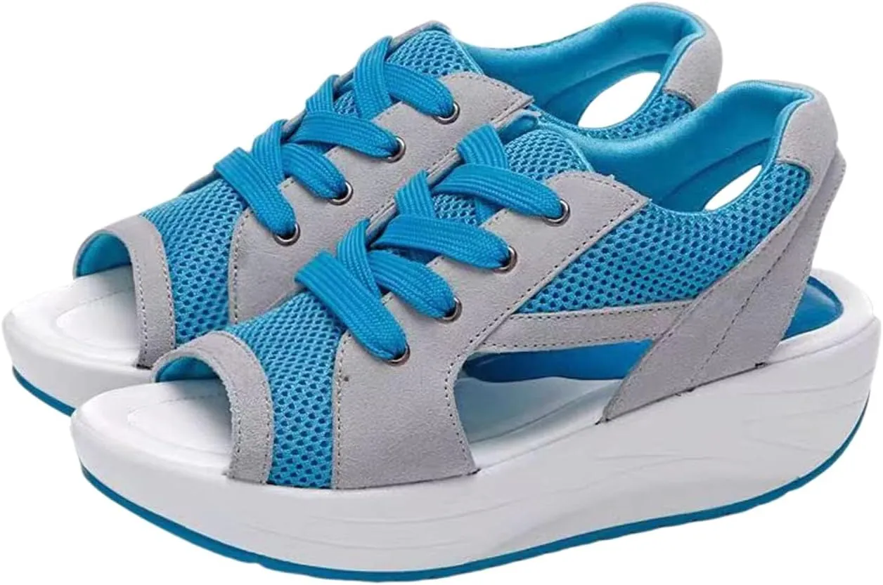 Women's Platform Wedge Sandals Comfortable Open Toe Slides Muffin Sandals Cutout Mesh Lace-Up Tennis Shoes Summer Dressy Casual Lightweight Athletic Outdoor Hiking Shoes