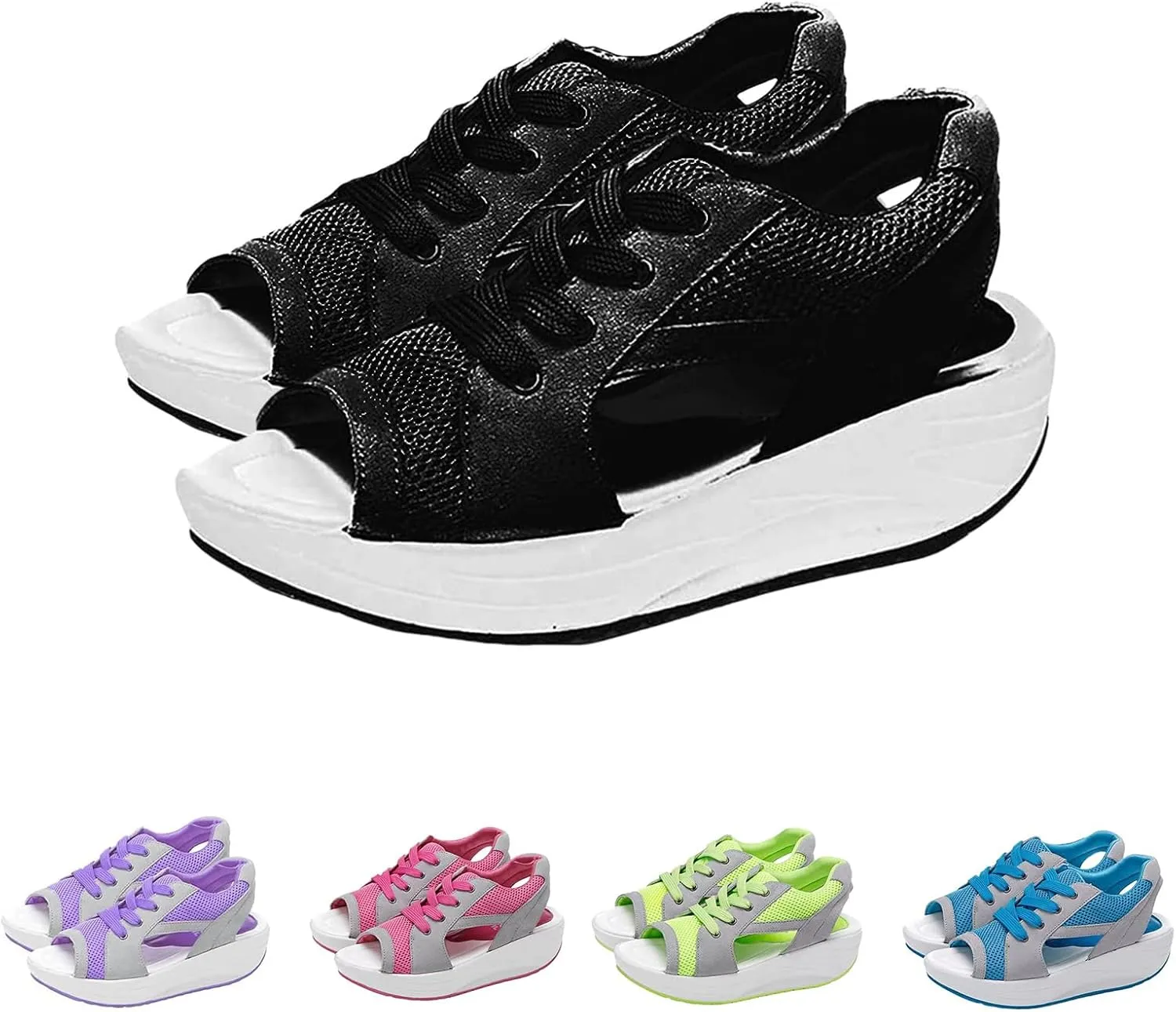Women's Platform Wedge Sandals Comfortable Open Toe Slides Muffin Sandals Cutout Mesh Lace-Up Tennis Shoes Summer Dressy Casual Lightweight Athletic Outdoor Hiking Shoes