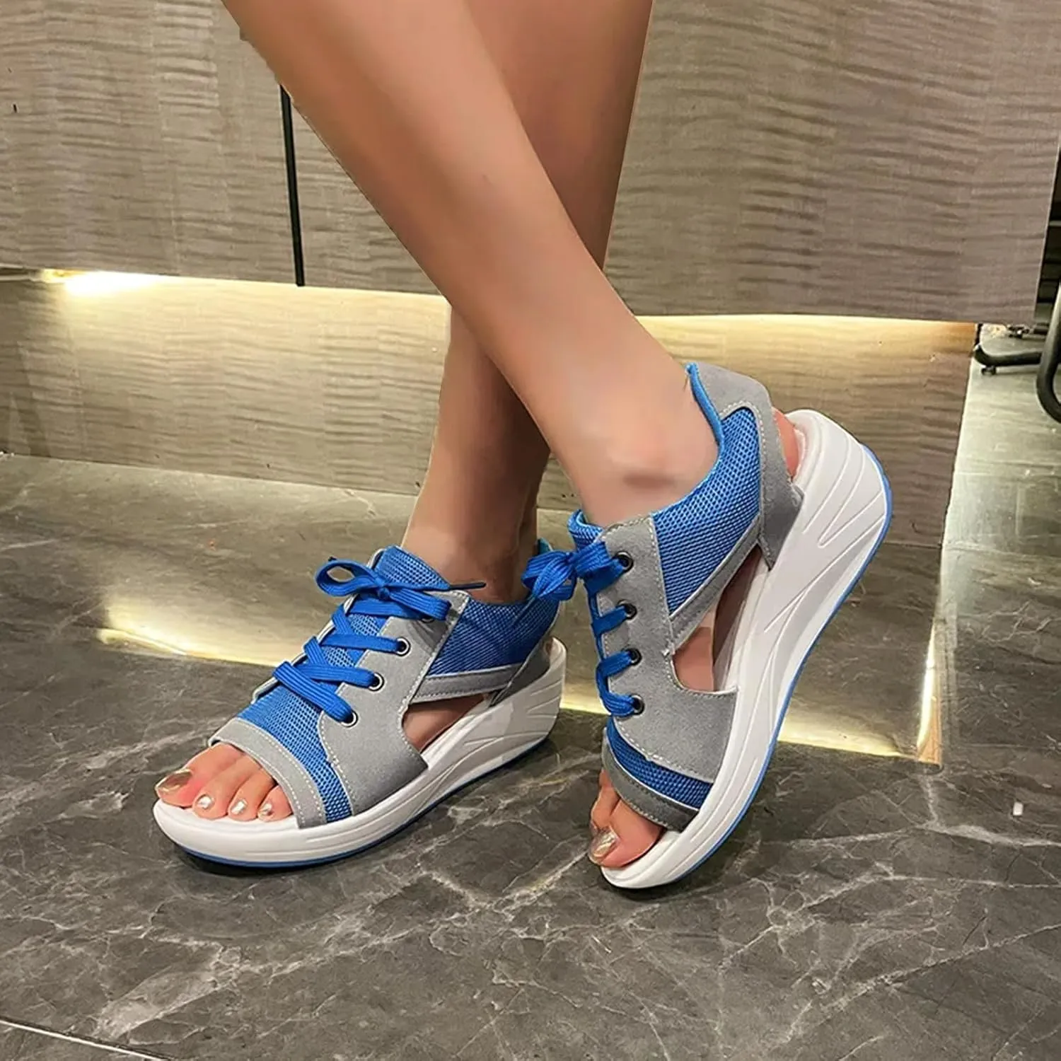 Women's Platform Wedge Sandals Comfortable Open Toe Slides Muffin Sandals Cutout Mesh Lace-Up Tennis Shoes Summer Dressy Casual Lightweight Athletic Outdoor Hiking Shoes