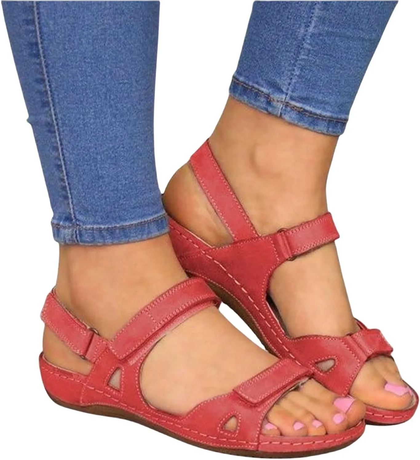 Womens Sandals Comfortable Orthopedic Slides Low Wedge Sandals Summer Breathable Open Toe Beach Shoes Ladies Walking Sports Athletic Sandal Ankle Strap Dressy Hiking Shoes