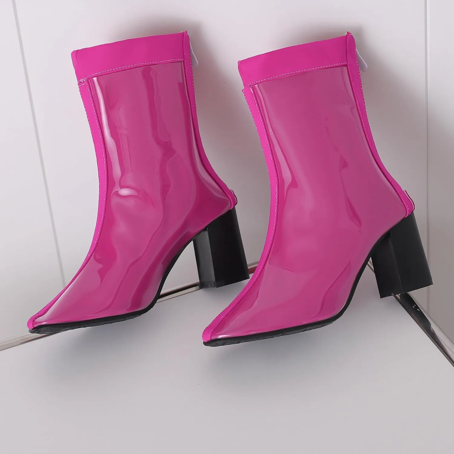 Women's Short Rain Boots Waterproof Rubber Boots Comfort Rainboots Garden Boot Work Booties Round Toe Back Zip Chunky High Heel Ankle Boots