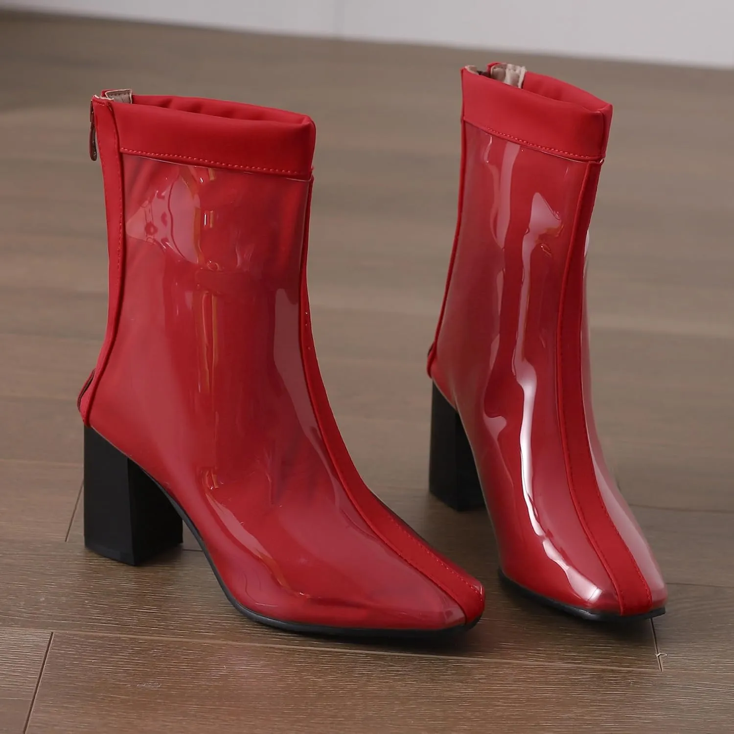 Women's Short Rain Boots Waterproof Rubber Boots Comfort Rainboots Garden Boot Work Booties Round Toe Back Zip Chunky High Heel Ankle Boots