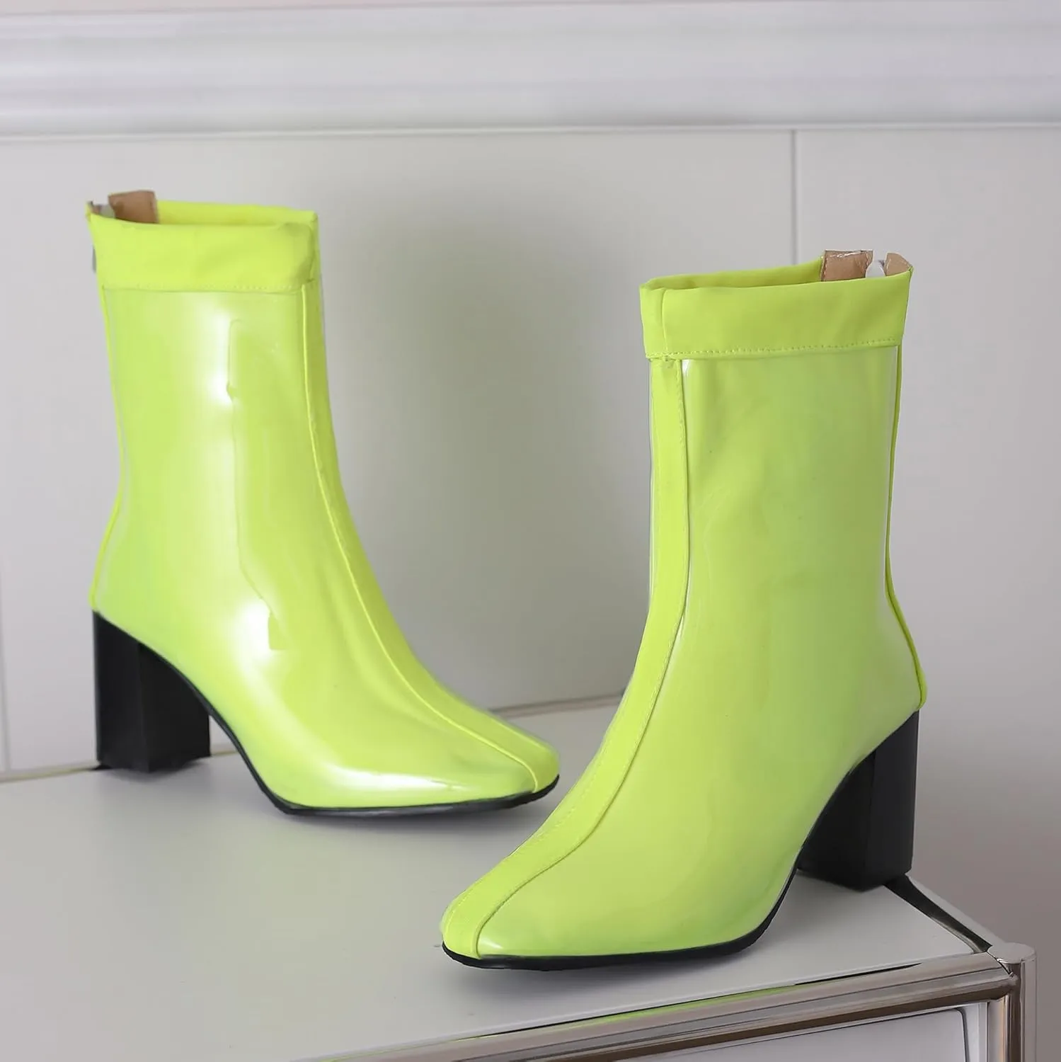Women's Short Rain Boots Waterproof Rubber Boots Comfort Rainboots Garden Boot Work Booties Round Toe Back Zip Chunky High Heel Ankle Boots