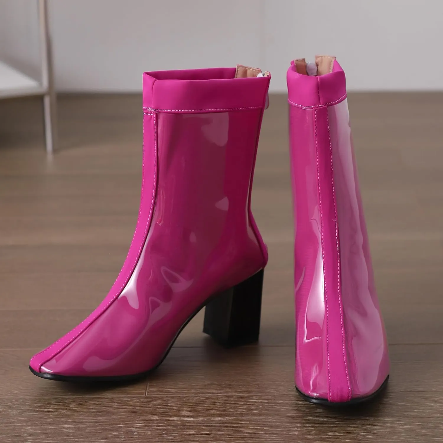 Women's Short Rain Boots Waterproof Rubber Boots Comfort Rainboots Garden Boot Work Booties Round Toe Back Zip Chunky High Heel Ankle Boots