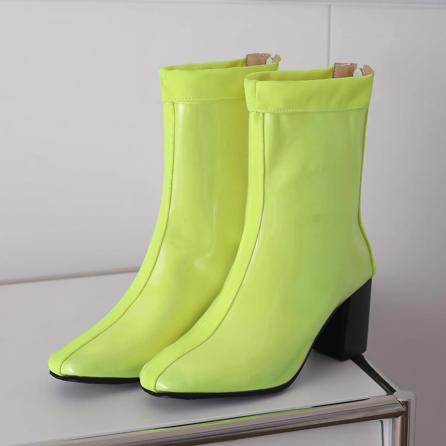 Women's Short Rain Boots Waterproof Rubber Boots Comfort Rainboots Garden Boot Work Booties Round Toe Back Zip Chunky High Heel Ankle Boots