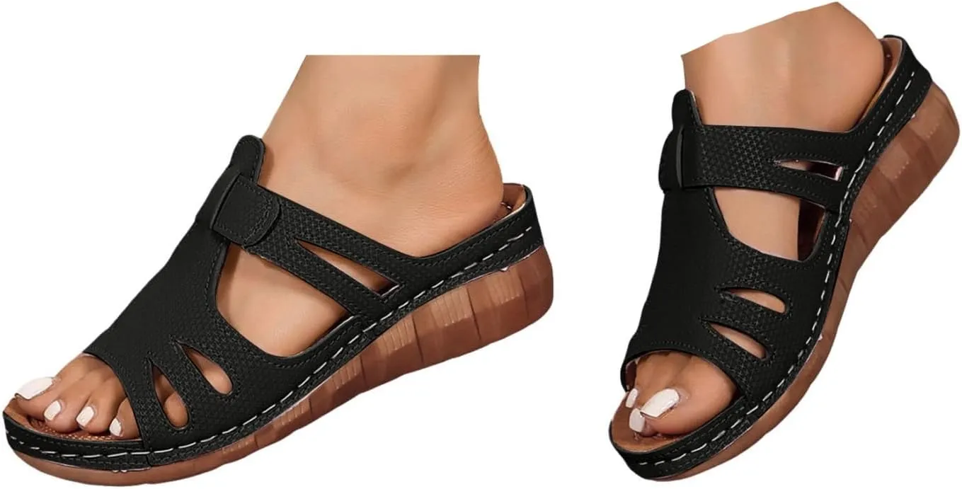Womens Summer Hollow Out Platform Wedge Shoes,2025 Summer Open Toe Stylish Comfortable Casual Wedge Sandals Casual Lightweight Boho Mules Adjustable Slide Walking Shoes with Arch Support