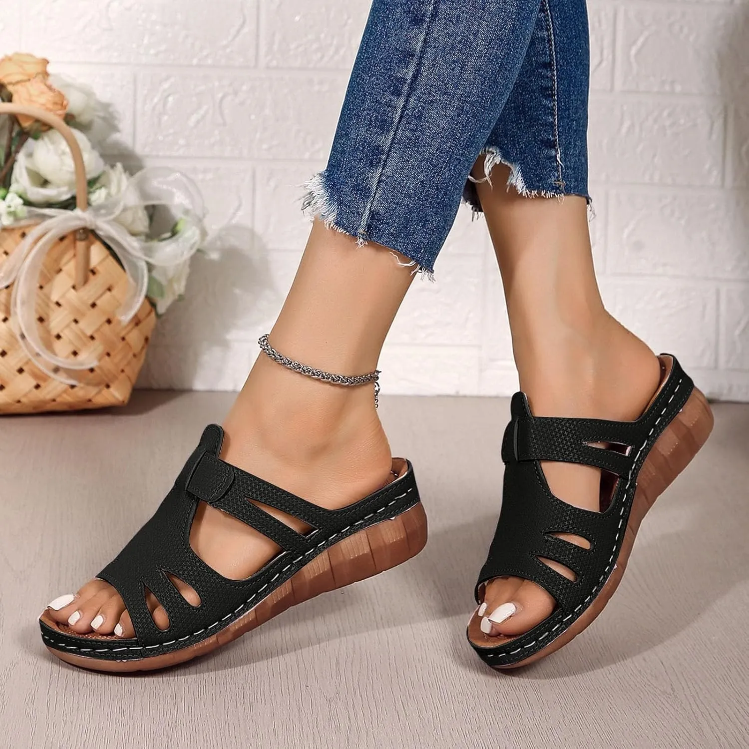 Womens Summer Hollow Out Platform Wedge Shoes,2025 Summer Open Toe Stylish Comfortable Casual Wedge Sandals Casual Lightweight Boho Mules Adjustable Slide Walking Shoes with Arch Support