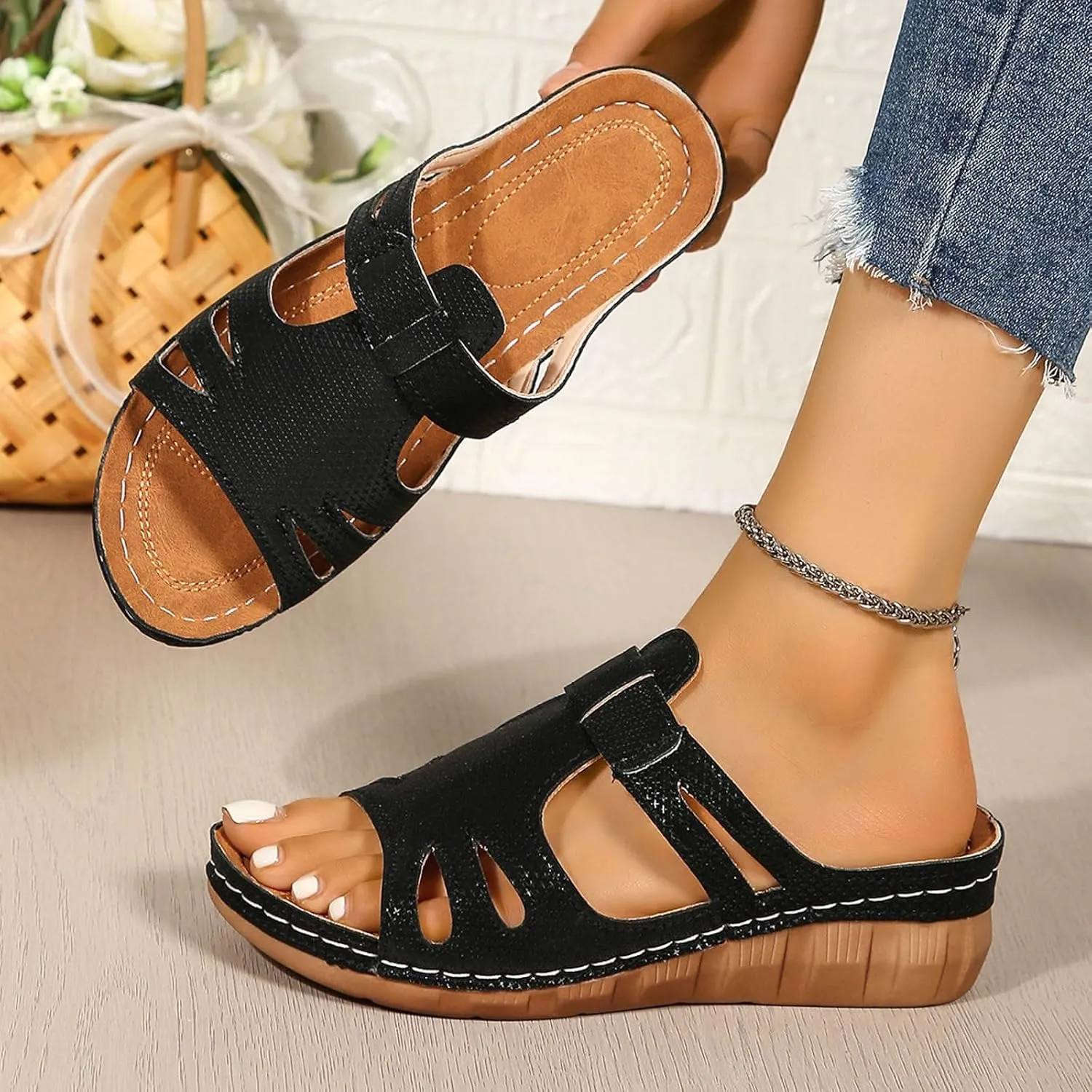 Womens Summer Hollow Out Platform Wedge Shoes,2025 Summer Open Toe Stylish Comfortable Casual Wedge Sandals Casual Lightweight Boho Mules Adjustable Slide Walking Shoes with Arch Support