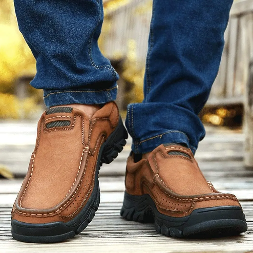 YONGJIA Men's Classic Outdoor Leather Non-Slip Lightweight Breathable Loafers Shoes Hiking Casual Shoes
