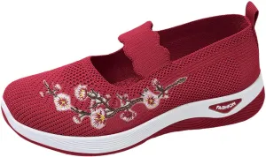 ZSpzx 2025 Women's Mesh Flats Shoes Breathable Slip on Casual Boat Shoes with Flower Embroidered Quick Dry Arch Support Non Slip Running Elastic Sneakers Closed Toe for Gym Travel Daily Wear